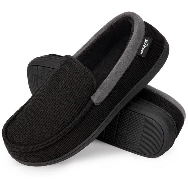 HomeTop Men's Comfort Memory Foam Moccasin Slippers, Breathable Cotton Knit Terry Cloth House Shoes for Indoor Outdoor (12 D(M) US, Black) - Image 1
